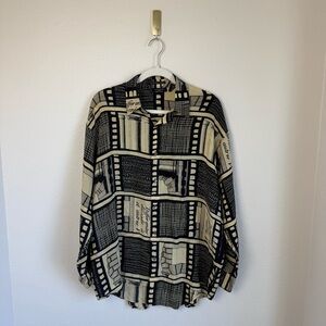 Timney Fowler Shirt Mens Medium 100% Silk Neoclassical Art Geo Print Vintage